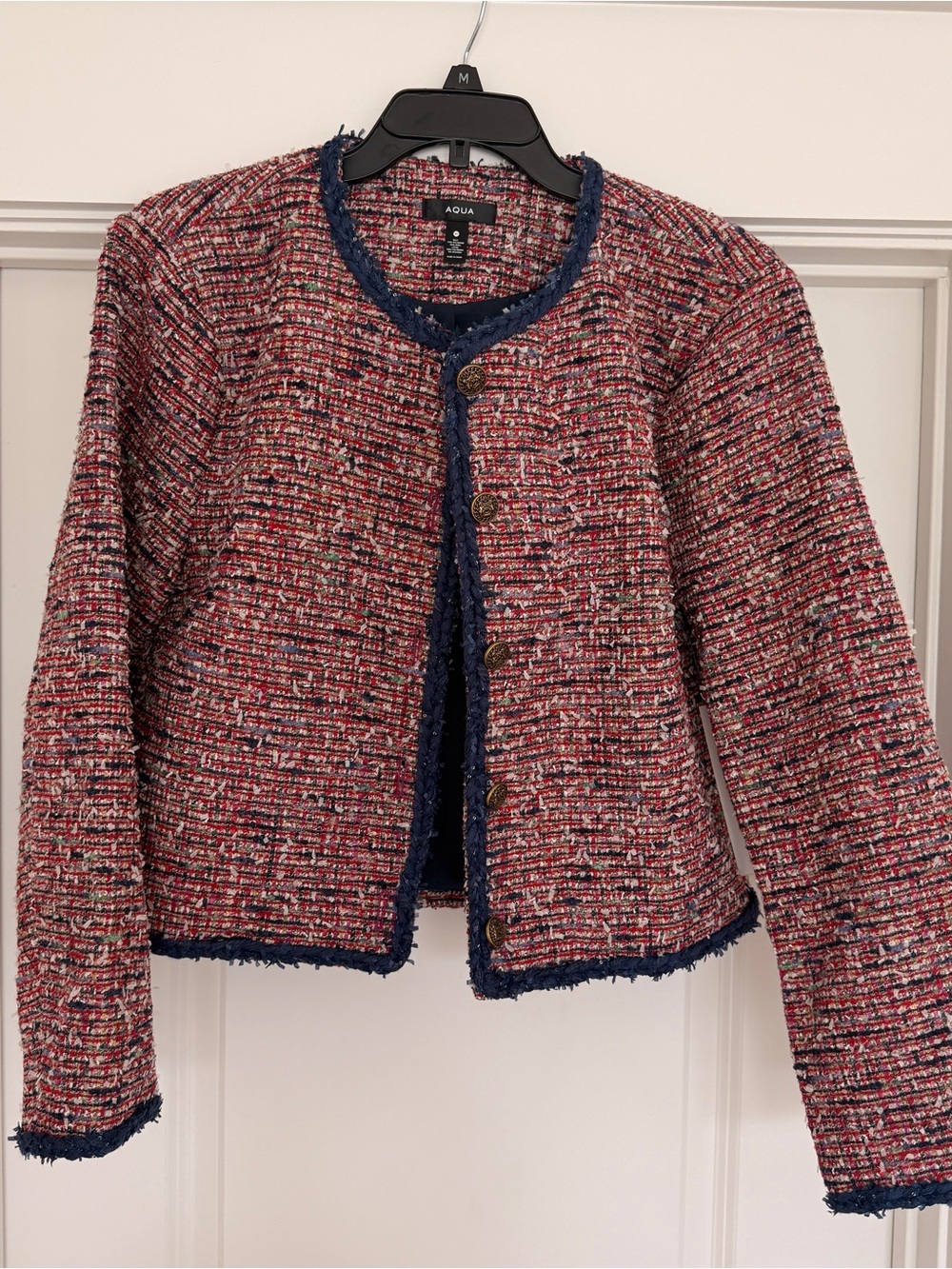 Aqua Multi-Pink Tweed Crop Jacket with Navy Trim - Picture 2 of 5